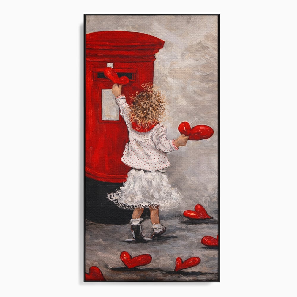 Tablou canvas cu pictura cu fetita si cutie postala, in rama de aluminiu negru